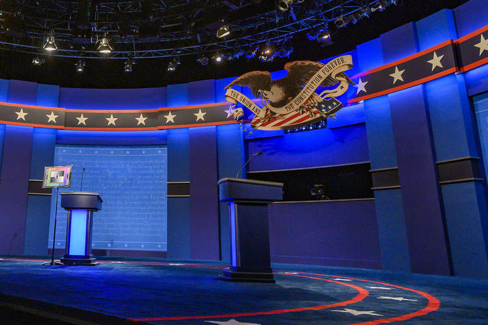 The stage for the final presidential debate of the 2020 election is tested for light and sound at Belmont University in Nashville, Tenn., on Wednesday.