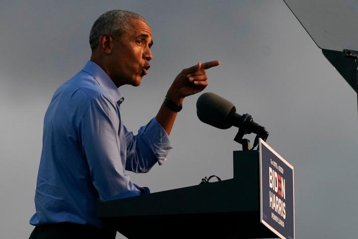 Former President Barack Obama addresses Joe Biden-Kamala Harris supporters during a drive-in rally Wednesday in Philadelphia.