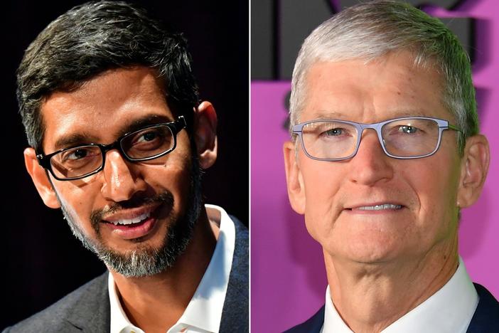 The Justice Department says Google CEO Sundar Pichai (left) met privately with Apple chief Tim Cook in 2018 to discuss how their two companies could collaborate.