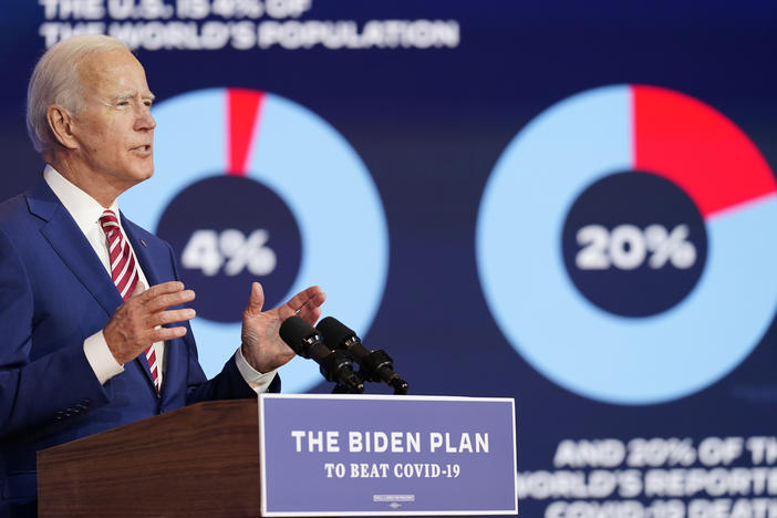 Former Vice President Joe Biden focuses on the coronavirus in an address Friday in Wilmington, Del.