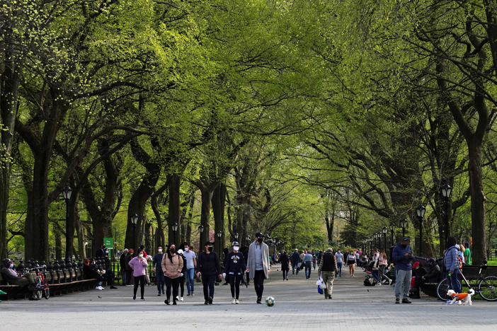 Masked pedestrians enjoy Central Park earlier this year. The New York destination now has a site-specific soundtrack courtesy of composer Ellen Reid's Soundwalk app.
