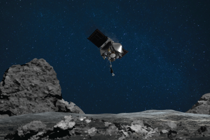 An artist's rendering shows NASA's OSIRIS-REx spacecraft descending toward the asteroid Bennu to collect a sample of the asteroid's surface.