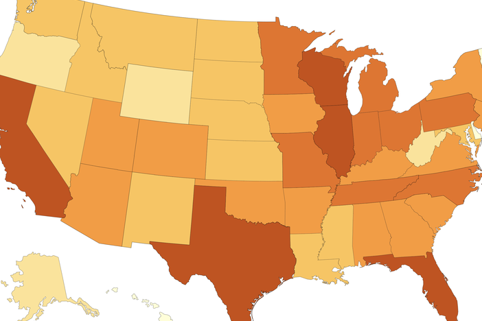 The U.S. has returned to an alarming height in new coronavirus cases, topping 70,000 for the first time since July. Here, a Centers for Disease Control and Prevention map shows cases reported in the past seven days, as of Thursday afternoon.