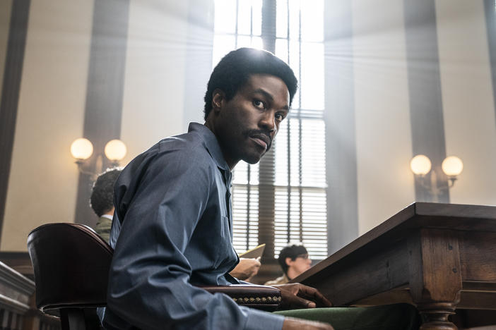 This image released by Netflix shows Yahya Abdul-Mateen II as Bobby Seale in a scene from <em>The Trial of the Chicago 7</em>.