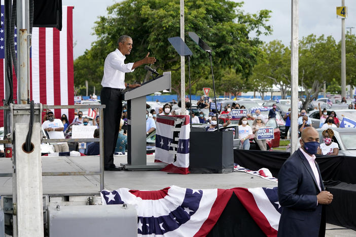 Former President Barack Obama campaigns for Democratic nominee Joe Biden in Miami. Obama encouraged people to vote, saying the next 10 days will "matter for decades to come."
