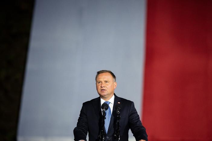 Polish President Andrzej Duda speaks to a crowd in September. Duda is in isolation after testing for the coronavirus.