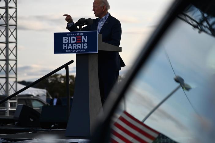 Democratic presidential nominee Joe Biden speaks at a drive-in rally at Dallas High School in Dallas, Pa., on Saturday. Pennsylvania is a crucial state, with both Biden and President Trump having visited in recent days.