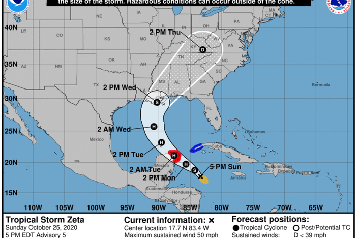 Tropical Storm Zeta is poised to develop into a hurricane and make landfall in the Gulf Coast by Wednesday afternoon.