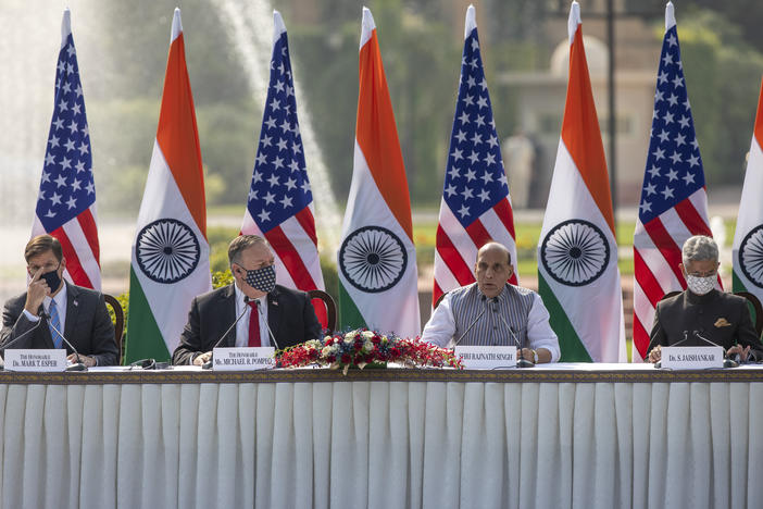 U.S. Secretary of Defense Mark Esper (from left), U.S. Secretary of State Mike Pompeo, Indian Defense Minister Rajnath Singh and Foreign Minister Subrahmanyam Jaishankar address a joint press conference on Tuesday at Hyderabad House in New Delhi.