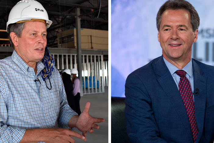 Left: Incumbent Republican Sen. Steve Daines speaks at a manufacturing facility under construction in Bozeman, Mont., in September. Right: Montana Senate candidate Gov. Steve Bullock in 2019.