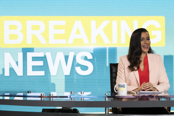 Sarah Cooper delivers the news in her special <em>Everything's Fine</em>.