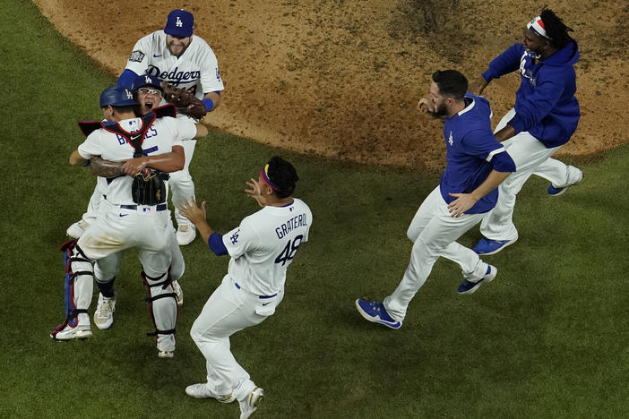 Los Angeles Dodgers celebrate after defeating the Tampa Bay Rays 3-1 to win the 2020 World Series in Game 6 in Arlington, Texas.