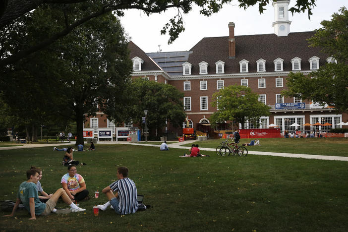 Students chat on a lawn this fall at the University of Illinois at Urbana-Champaign. It's unclear how disruptions to campus life during the pandemic might affect student voter turnout on Election Day.