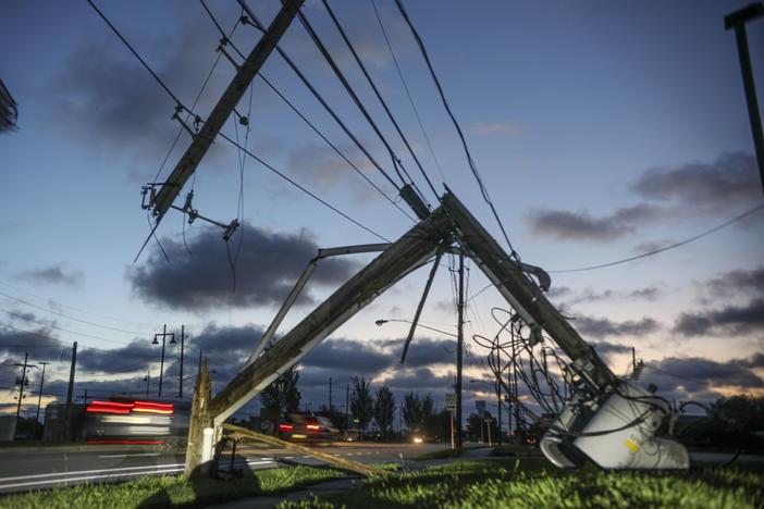 Downed power lines and other damage from Hurricane Zeta are seen in Chalmette, La., on Thursday. Seven hurricanes have hit the Gulf Coast in 2020, bringing extensive destruction to the area.