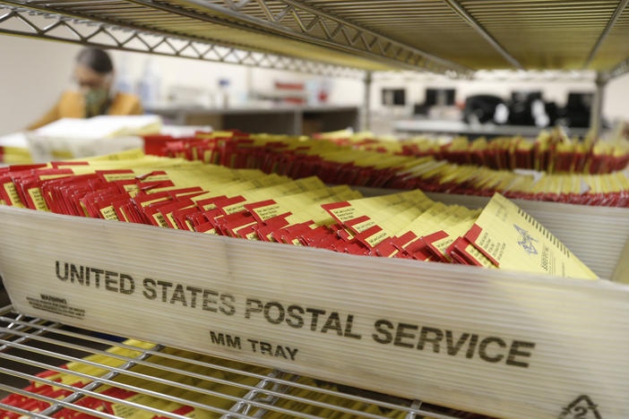 Mail-in ballots waiting to be processed by election workers in Salt Lake City, Utah.