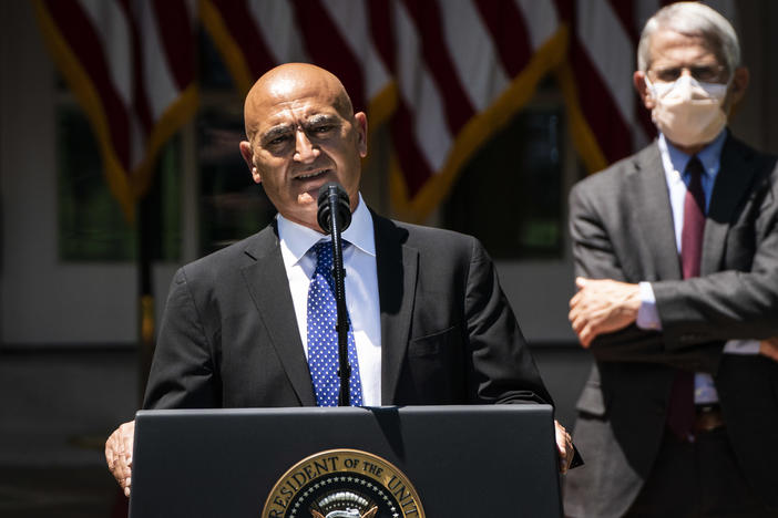 Moncef Slaoui, a former GlaxoSmithKline executive, speaks during the kickoff announcement for Operation Warp Speed in the White House Rose Garden on May 15.
