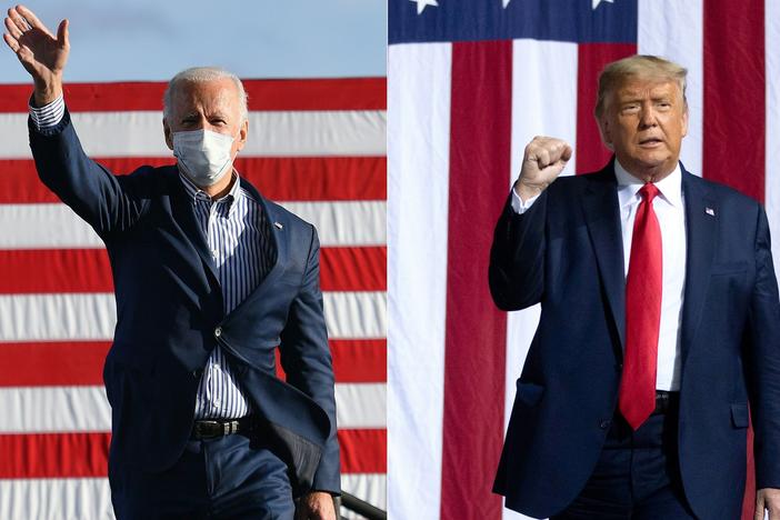 Democratic presidential nominee Joe Biden waves to supporters before speaking at a drive-in rally in Dallas, Pa., on Oct. 24. In a separate photo, President Trump campaigns in Gastonia, N.C., on Oct. 21.