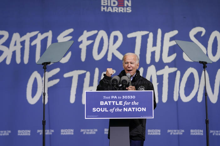 Democratic presidential nominee Joe Biden speaks at an event Sunday at Sharon Baptist Church in Philadelphia.