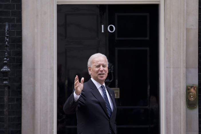 Joe Biden arrives at No. 10 Downing St. in London, the residence and office of Britain's prime minister, while serving as vice president in 2013.