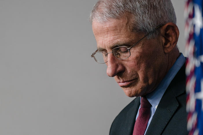 Dr. Anthony Fauci, director of the National Institute of Allergy and Infectious Diseases, listens as then-President Donald Trump answers questions in the press briefing room with members of the White House Coronavirus Task Force.