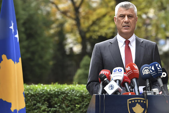Kosovo President Hashim Thaci announces his resignation Thursday in the Kosovo capital of Pristina. He said he was stepping down to face war crimes charges in The Hague.