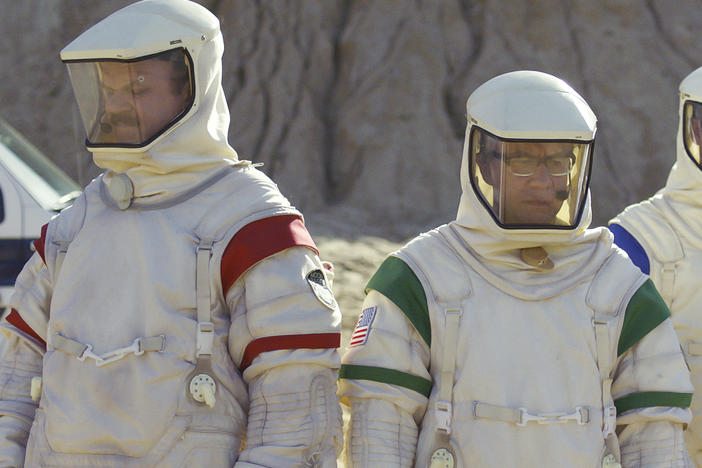 Houston, We Have A Problem: (L to R) "Cap" (John C. Reilly), "Skip" (Fred Armisen) and "Rook" (Tim Heidecker) kick moonrocks in <em>Moonbase 8</em>.