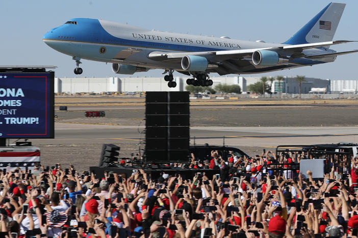 Air Force One lands at Phoenix Goodyear Airport for a campaign rally less than a week before Election Day.