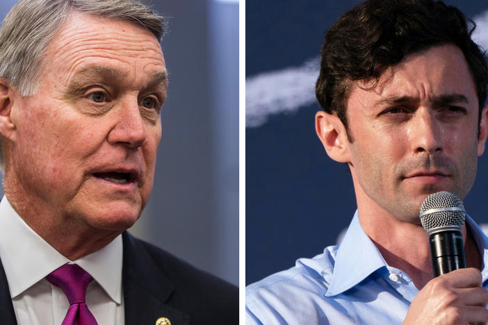 Left: Republican Sen. David Perdue of Georgia speaks to reporters in 2019. Right: Democratic U.S. Senate candidate Jon Ossoff speaks at a rally at Morehouse College on Oct. 23, in Atlanta.