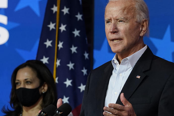 Joe Biden speaks Thursday in Wilmington, Del., with Sen. Kamala Harris at his side. World leaders reacted to Biden's victory, mostly congratulating the president-elect and vice president-elect.