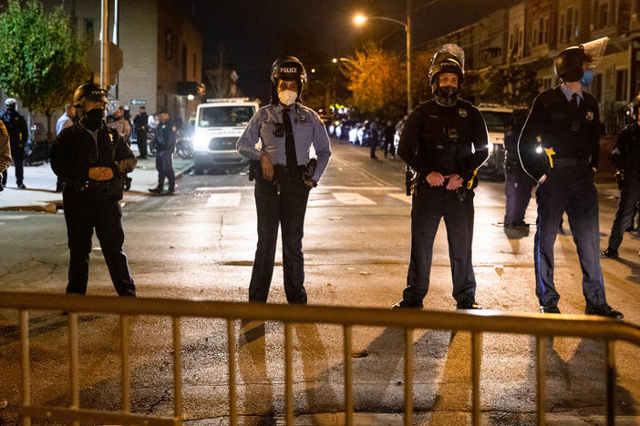 Police line up in Philadelphia on Oct. 28 following two nights of protesting and unrest after the fatal shooting of Walter Wallace Jr. by police. Philadelphia was among the cities approving oversight measures.