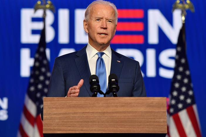 Democratic presidential nominee Joe Biden delivers remarks at the Chase Center in Wilmington, Delaware, on November 6, 2020.
