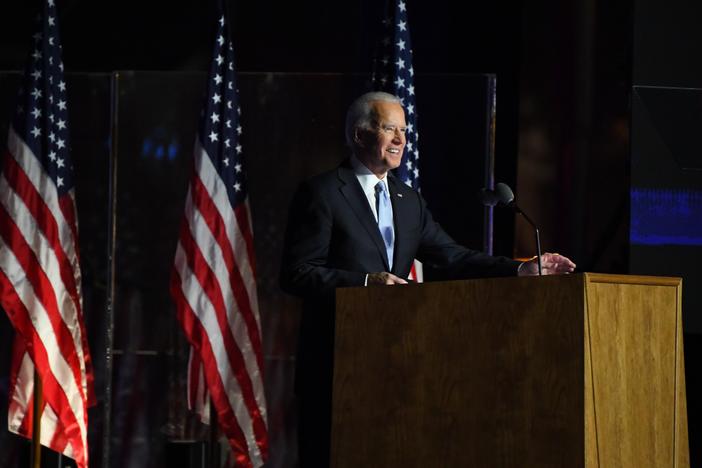 President-elect Joe Biden speaks during an election event in Wilmington, Del., on Saturday evening.