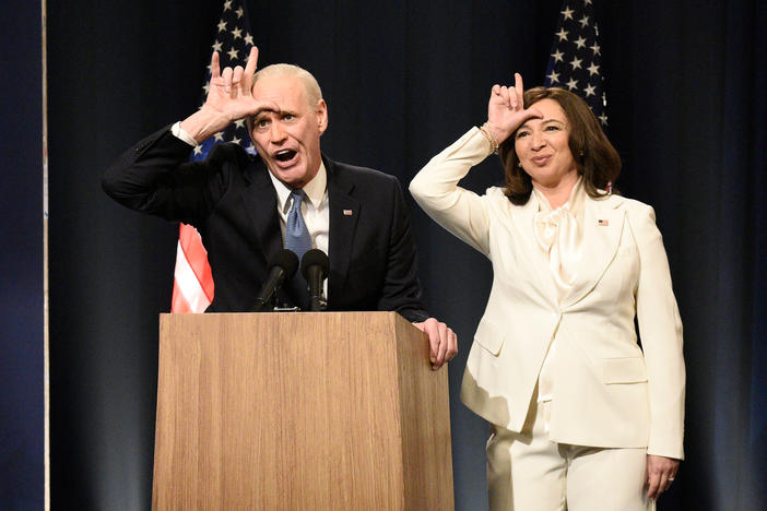 Jim Carrey as Joe Biden and Maya Rudolph as Kamala Harris on <em>Saturday Night Live</em> on Saturday.
