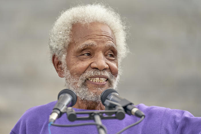 Nebraska's longest serving state Sen. Ernie Chambers of Omaha addresses supporters on the stairs of the Capitol in Lincoln, Neb., on Aug. 13. Chambers helped keep Nebraska's electoral votes split.