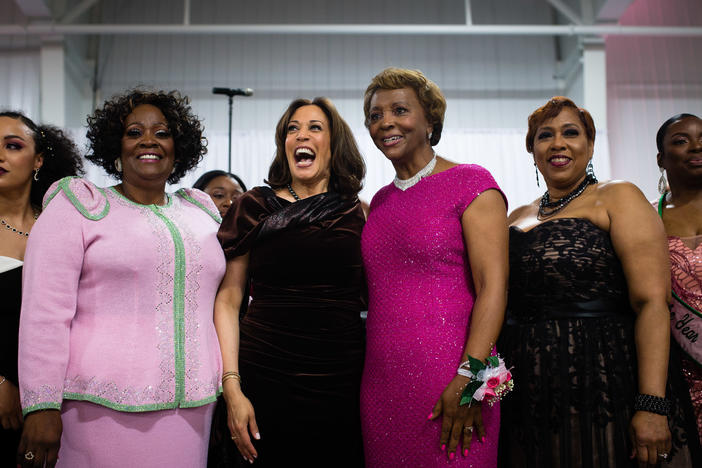 Sen. Kamala Harris stands with attendees and participates in the Alpha Kappa Alpha Sorority Inc. hymn at their Annual Pink Ice Gala in Columbia, South Carolina on Friday, Jan. 25, 2019.