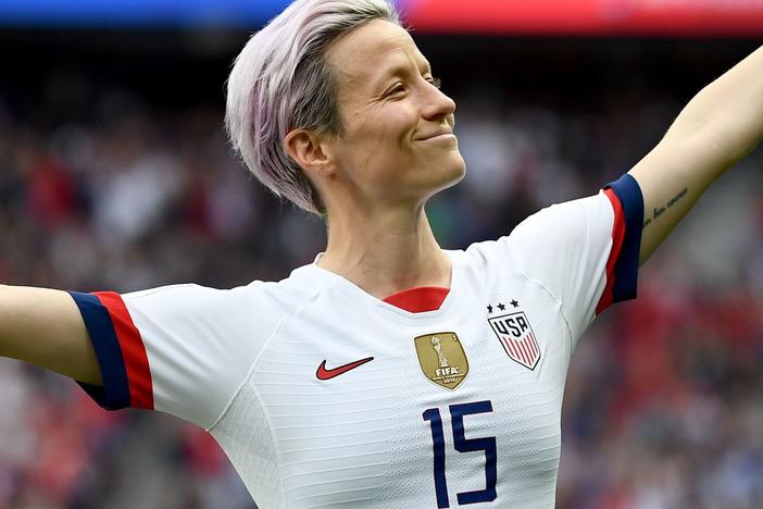 Megan Rapinoe celebrates scoring her team's first goal during the 2019 Women's World Cup quarter-final match between France and the United States.