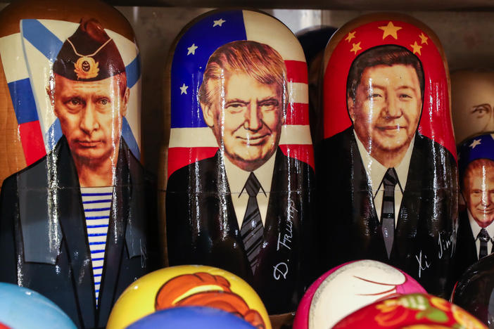 Russian dolls with the likenesses of Russia's President Vladimir Putin, President Trump and China's President Xi Jinping at a gift shop in Russia. While many world leaders have congratulated President-elect Joe Biden, Russia and China have held off.
