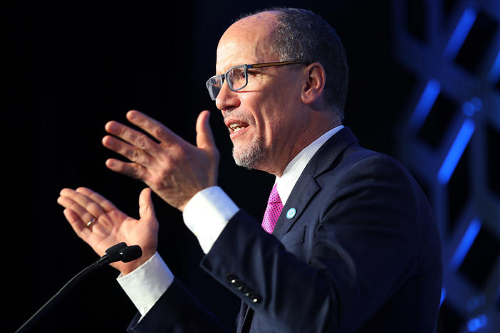 Democratic National Committee Chair Tom Perez speaks in February in Charlotte, N.C. Democrats are arguing over the future of the party after it lost some seats in the House of Representatives.