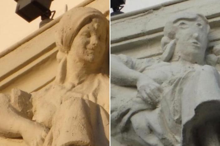 Before and after the recent "restoration" of a statue in the northern Spanish city of Palencia.