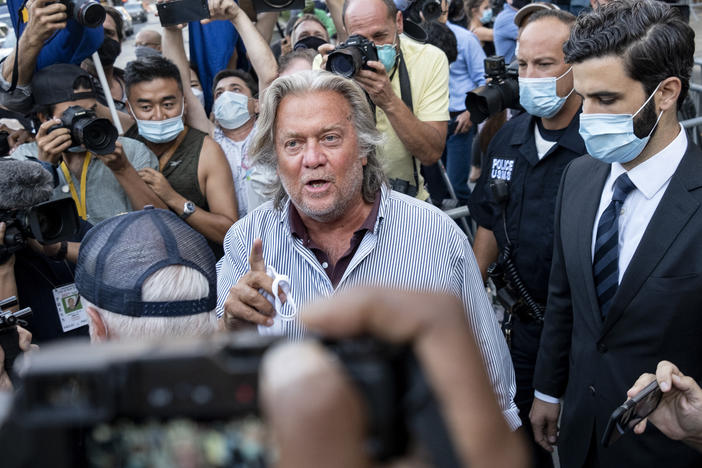 Steve Bannon leaves federal court on Aug. 20 after pleading not guilty to charges he defrauded donors to an online fundraising scheme to build a southern border wall.