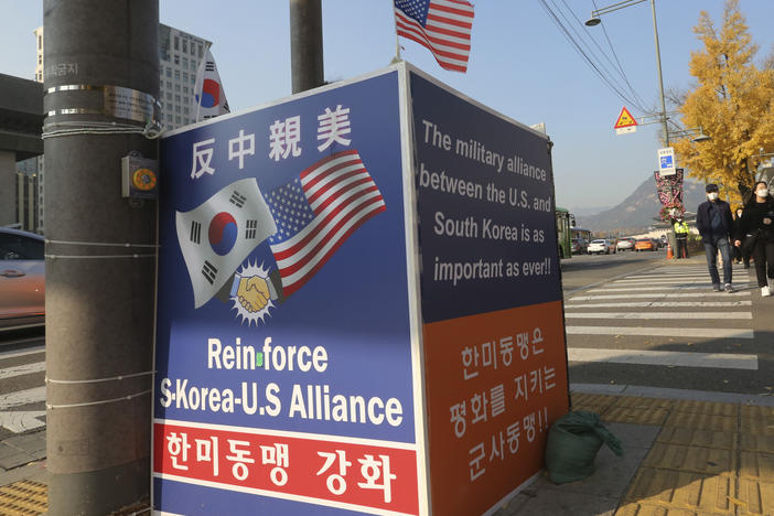 A billboard supporting the alliance between South Korea and the U.S. is displayed near the U.S. Embassy in Seoul, South Korea, on Thursday. The banner at top reads, "Anti-China and Pro-the U.S."