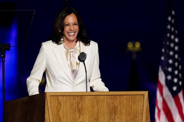 Vice President-elect Kamala Harris speaks on Nov. 7 in Wilmington, Del.