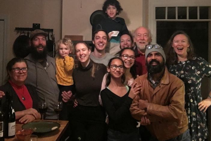 Jasmine Surti (far right) and three generations of her family celebrating Thanksgiving in Philadelphia in 2018. From left, front: Louise Aucott, Gabe Aucott with Juniper Chamberlin, Rachel Aucott, Sandhya Surti, Anjali Surti, Hemant Surti, Jasmine Surti 2nd row, starting from center: Steve Hoenstine, Aimee Landau, Mike Aucott Top: Ezra Landau.