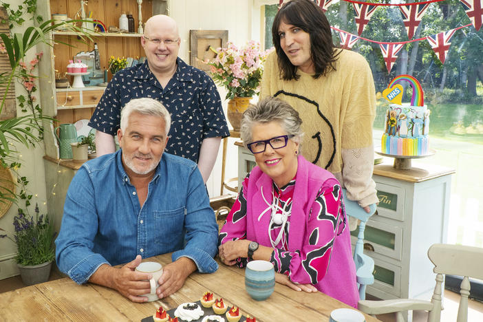 Comedian Matt Lucas — top left — joins cohost Noel Fielding and judges Paul Hollywood and Prue Leith in the tent for the new series of <em>The Great British Baking Show</em> (as it's known in the U.S.)