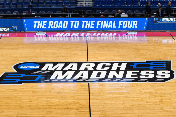 A view of the NCAA logo during the first round of March Madness on March 21, 2019, at XL Center in Hartford, Conn. The NCAA announced it plans to hold the 2021 Men's Division I tournament in a single geographic location.