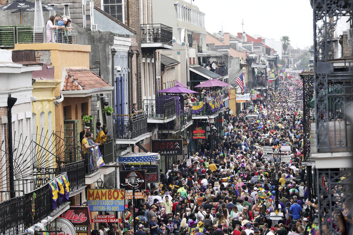Bourbon Street is a sea of humanity on Mardi Gras in New Orleans in February. The city will not allow Mardi Gras parades in 2021.
