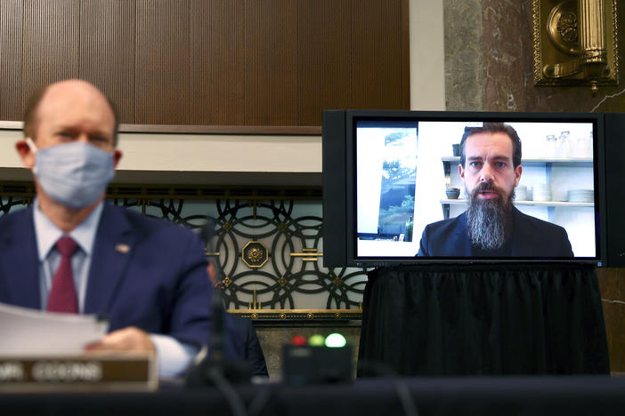 Twitter CEO Jack Dorsey testifies remotely during a Senate Judiciary Committee hearing about how social media companies handled election misinformation.