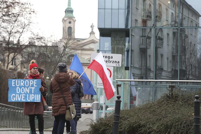 Protesters gather outside Poland's Supreme Court in January, demonstrating against the government's efforts to curtail the judiciary's independence. The European Commission is investigating Poland and Hungary for violating standards of democracy and rule of law.