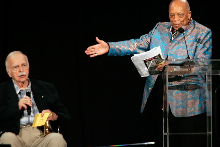 Bruce Swedien and Quincy Jones onstage together, speaking at the Pensado Awards for audio engineering in Culver City, Calif. in 2015.