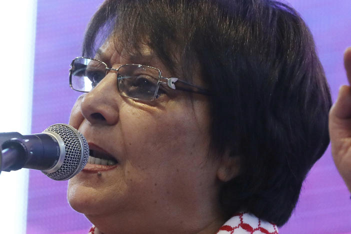 Leila Khaled, an activist and prominent member of the Popular Front for the Liberation of Palestine, speaks during an event in February 2018.